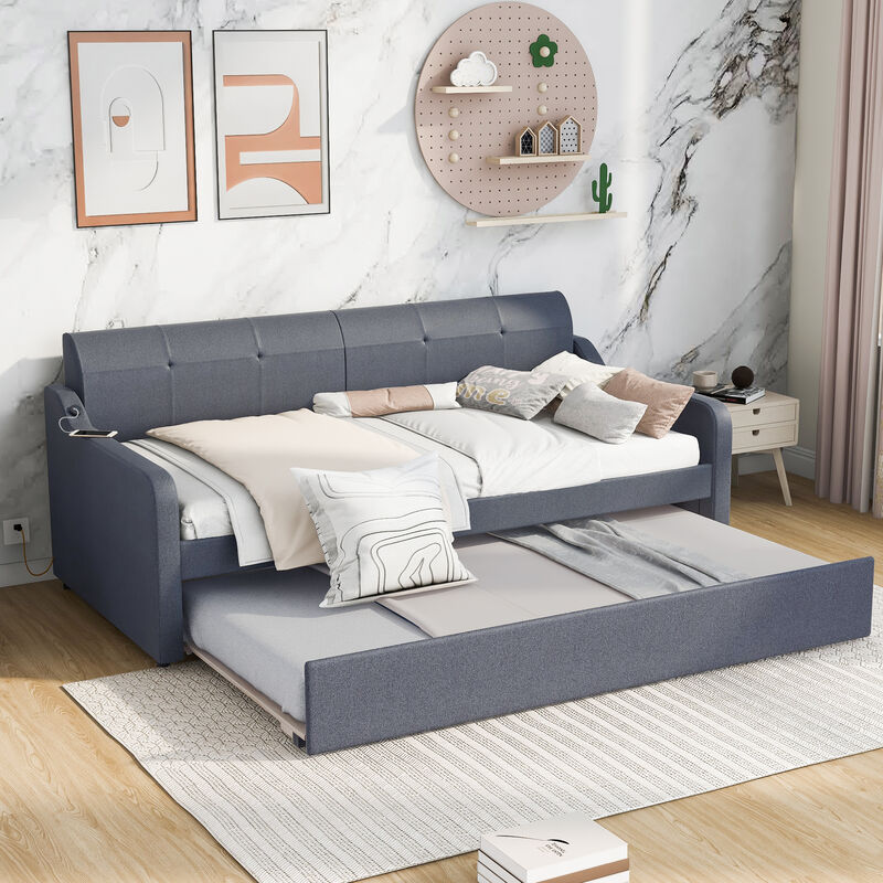 Merax Upholstery Daybed with Trundle and USB Charging Design