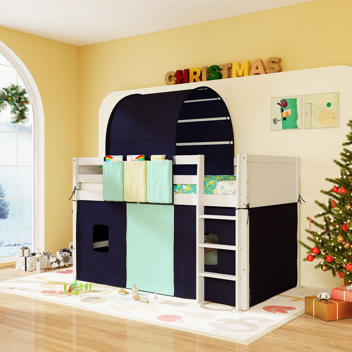 Loft Bed Playhouse Bed Frame with Tower Tent and 3 Storage Pockets