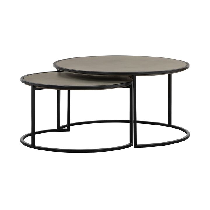 Rina Concrete and Black Metal 2 Piece Nesting Coffee Table Set-Benzara