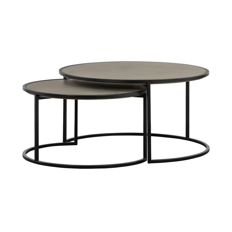 Rina Concrete and Black Metal 2 Piece Nesting Coffee Table Set-Benzara