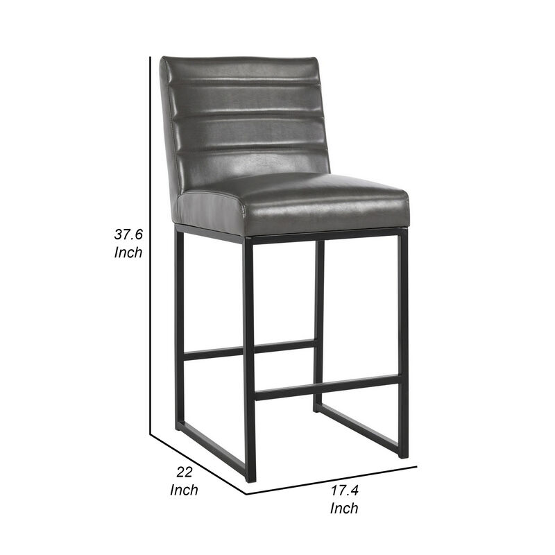 Vinn 26 Inch Modern Counter Stool, Channel Tufted, Vegan Faux Leather, Gray - Benzara