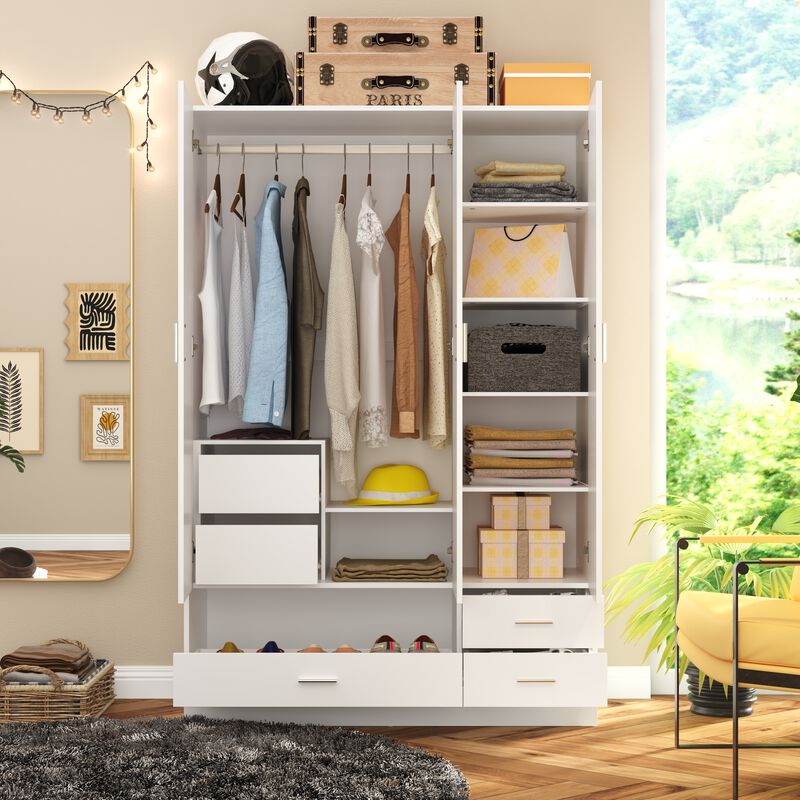 White Wood 47.2 in. W 3-Door Bedroom Armoire Wardrobe Closet Cabinet with Hanging Rod, Drawers, Shoe Rack