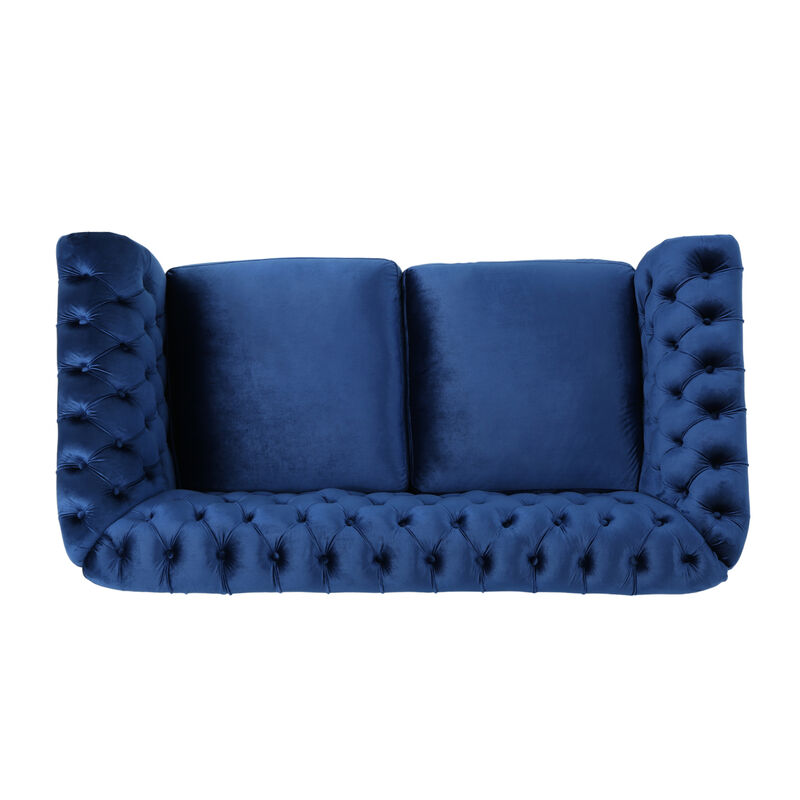 Bernie Loveseat 62 Inch Sofa, Nailhead Trim, Solid Wood, Blue Tufted Fabric - Benzara