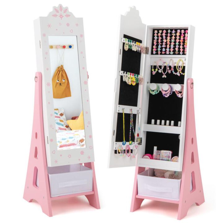 Hivvago Kids Jewelry Cabinet with Full-Length Mirror and Foldable Drawer