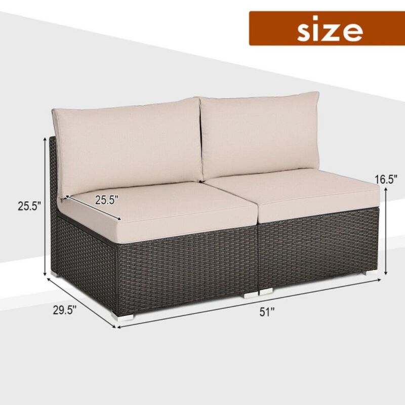 Hivvago 2 Pieces Patio Rattan Armless Sofa Set with 2 Cushions and 2 Pillows