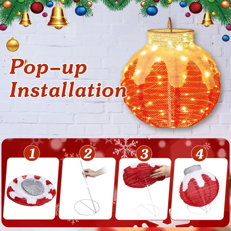 Outdoor Christmas Lantern Pop-Up Lighted Festive Ball with 80 LED Lights and Support Base