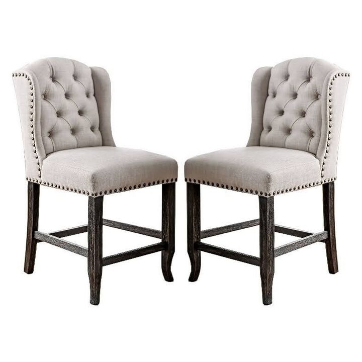 Bega 24 Inch Counter Height Chair, Set of 2, Wingback, Tufted, Light Gray-Benzara