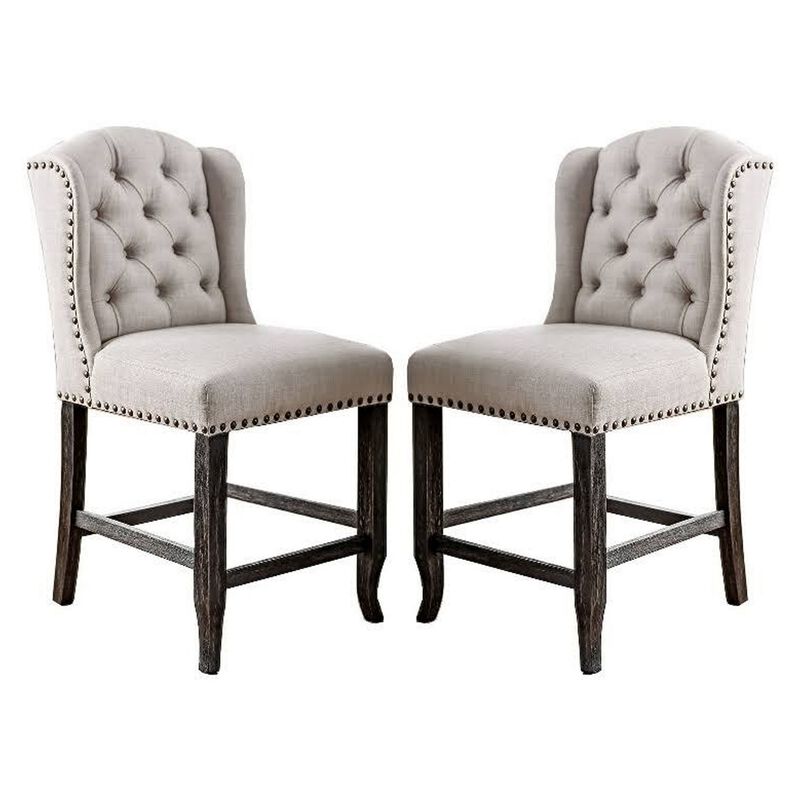 Bega 24 Inch Counter Height Chair, Set of 2, Wingback, Tufted, Light Gray-Benzara