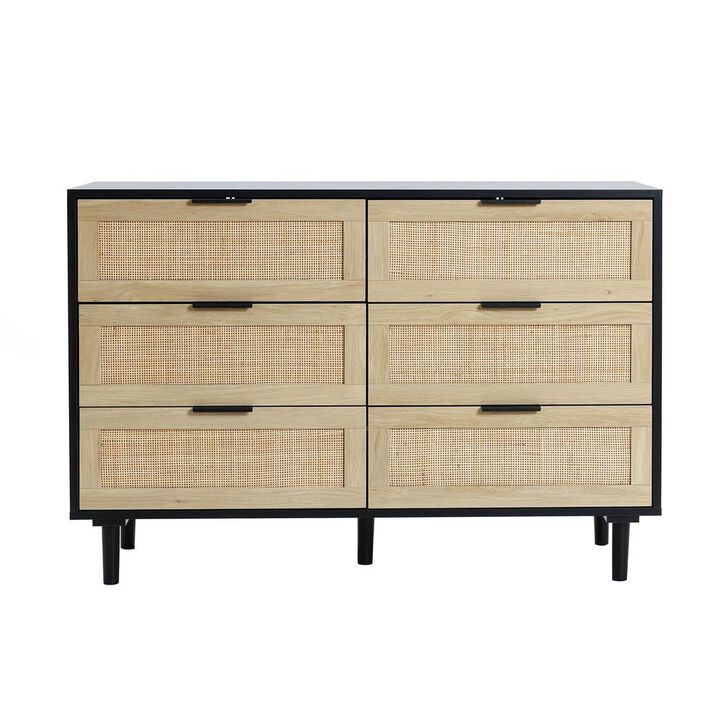 LuxenHome Black and Brown Wood 6-Drawer Rattan Dresser