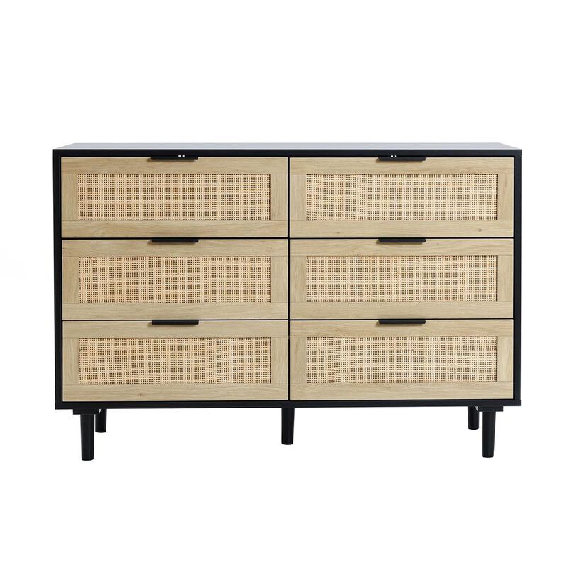 LuxenHome Black and Brown Wood 6-Drawer Rattan Dresser