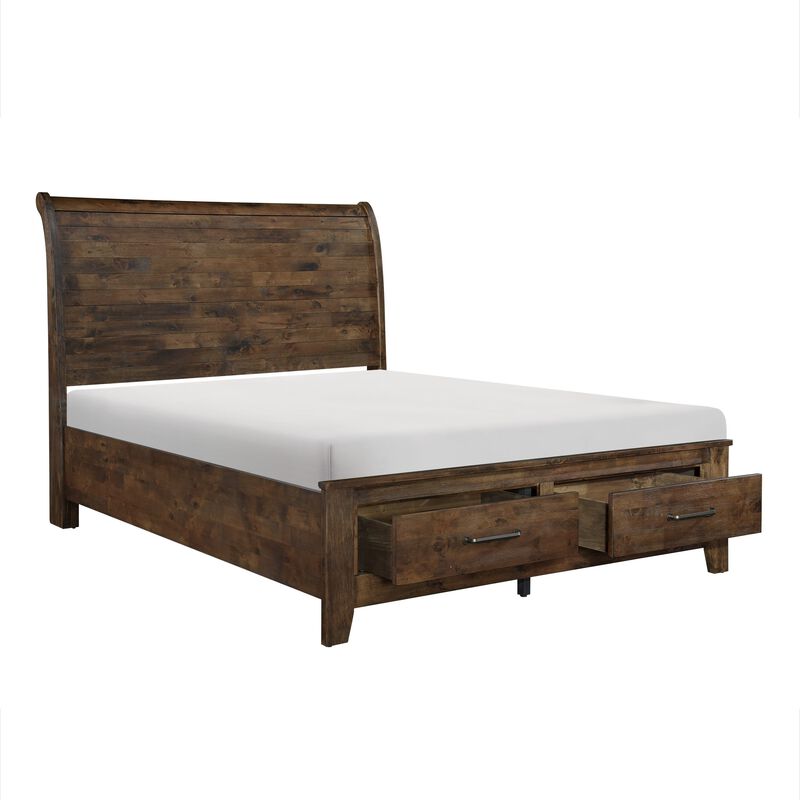 Rick Queen Size Platform Bed, Sleigh, 2 Footboard Storage, Brown Rubberwood - Benzara