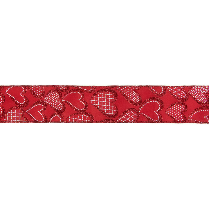 Red and White Glittered Hearts Valentine's Day Wired Craft Ribbon 2.5" x 10 Yards