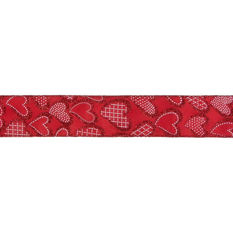 Red and White Glittered Hearts Valentine's Day Wired Craft Ribbon 2.5" x 10 Yards