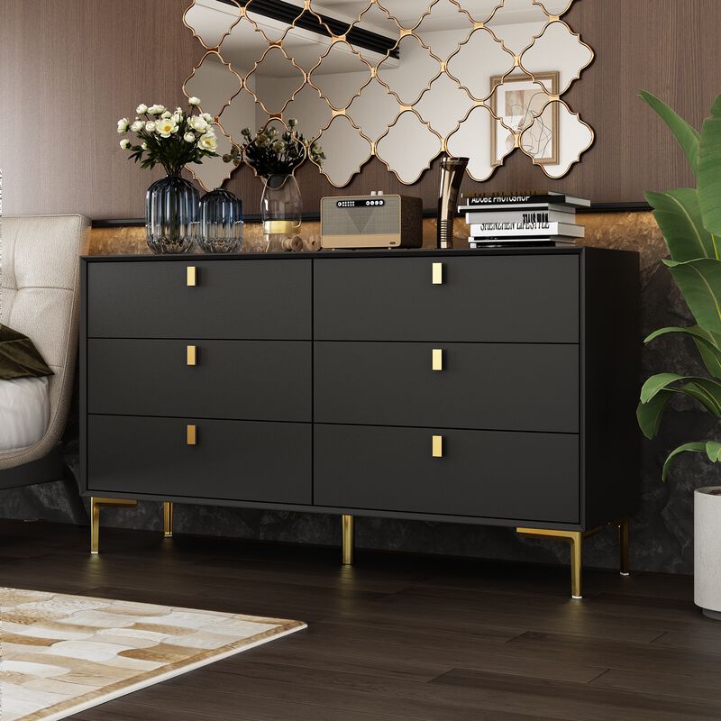 6-Drawer Black Wooden Chest of Drawers Dresser Modern Style Storage Cabinet (55.1 in. W x 31.1 in. H x 15.7 in. D)