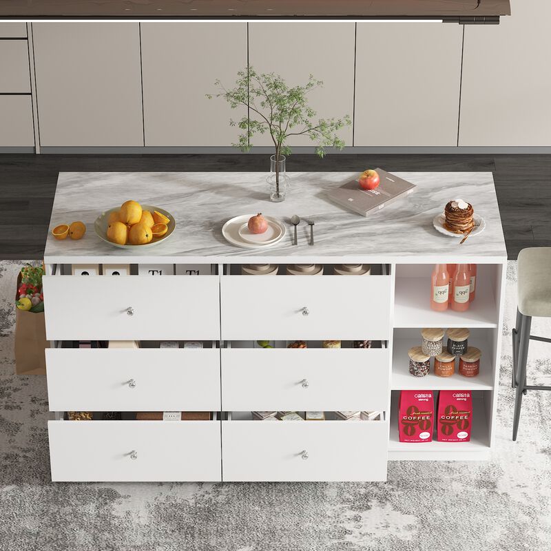 FUFU&GAGA White and Marble Pattern Storage Cabinet with Drawers and Shelves, P2 PB & Melamine Construction (63" W x 23.6" H x 35.4" D), White