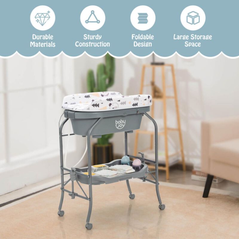 Hivvago Folding Baby Changing Table with Bathtub and 4 Universal Wheels