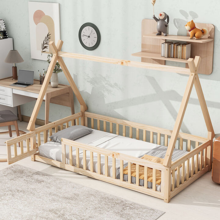 Twin Tentshaped Floor Bed, With Guardrails, Slats, Door, Natural