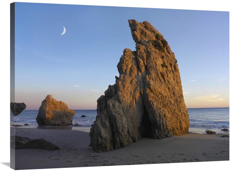 Crescent moon over El Matador Beach, Malibu, California-Canvas Art-40x30