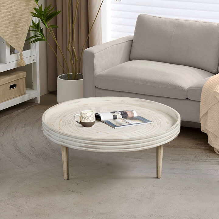33 Inch Coffee Table, Solid Mango Wood, Handcrafted Round Grooved Raised Edge, Distressed White - Benzara