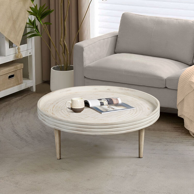 33 Inch Coffee Table, Solid Mango Wood, Handcrafted Round Grooved Raised Edge, Distressed White - Benzara