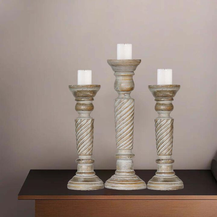 Traditional Gray Wash Eco-friendly Handmade Mango Wood Set Of Three 12",15" & 12" Pillar Candle Holder BBH Homes