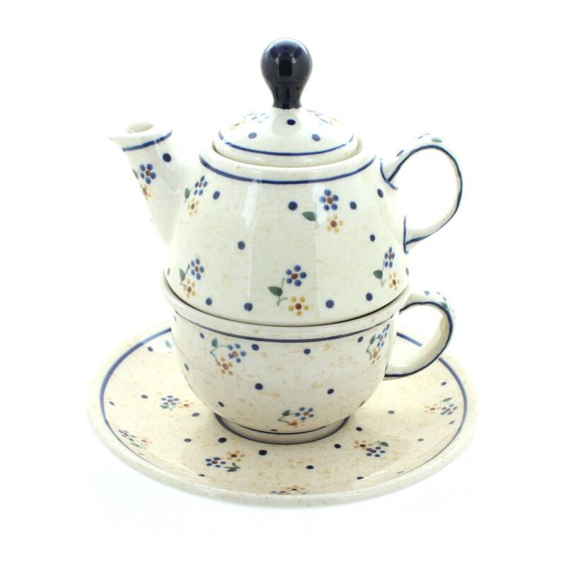 Blue Rose Polish Pottery Floral Butterfly Individual Teapot & Cup