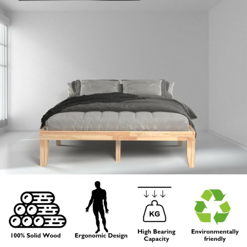 Hivvago 14 Inch Queen Size Rubber Wood Platform Bed Frame with Wood Slat Support