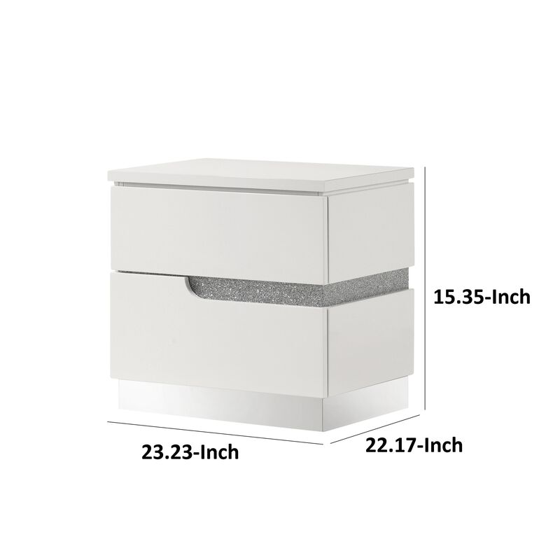 Ara 23 Inch Nightstand, 2 Drawers, Crystal Accents, White Laminate Finish - Benzara