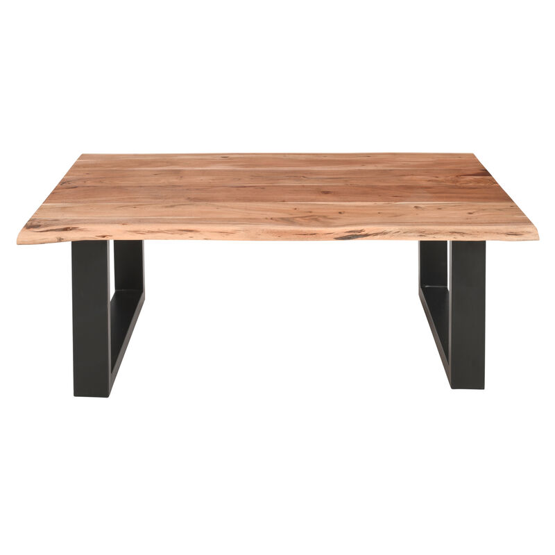 45 Inch Acacia Wood Rectangular Coffee Table, Live Edge Details, Black Powder Coated Metal Sled Base, Natural Brown-Benzara