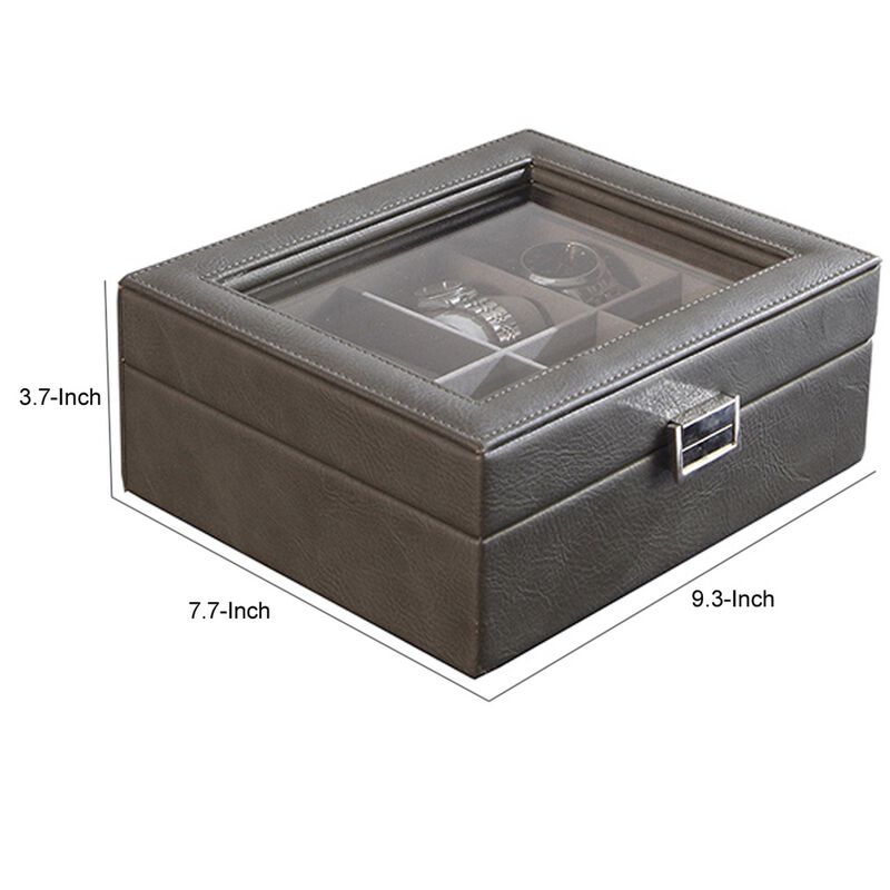 9 Inch Watch Case with 8 Spaces, Gray Faux Leather, Lined, Glass Lid, Black - Benzara