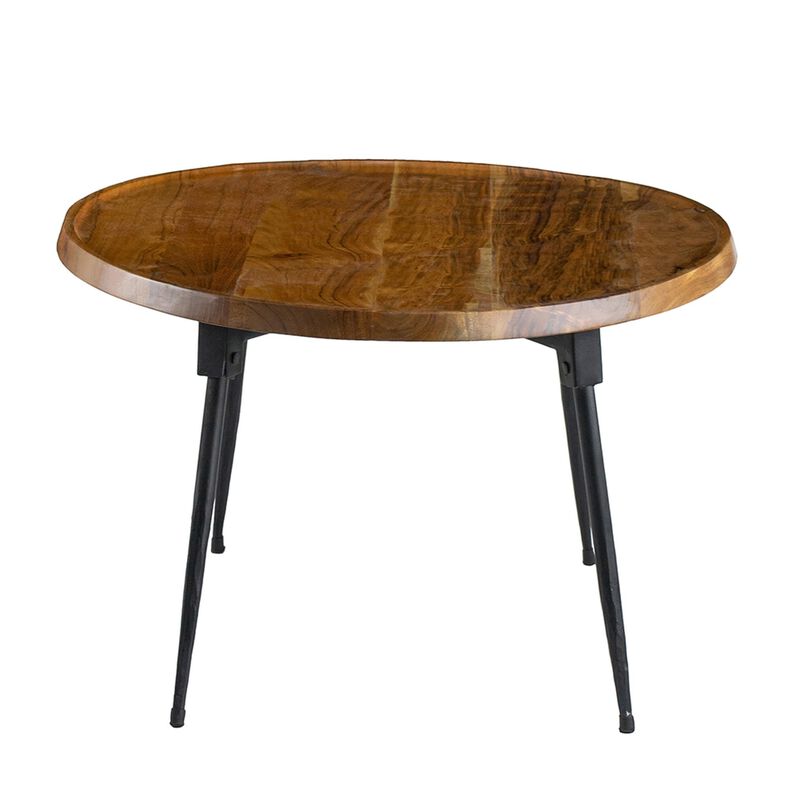 Benjara Aji 39 Inch Coffee Table, Oval Grain Acacia Wood Top, Metal Legs, Brown and Black