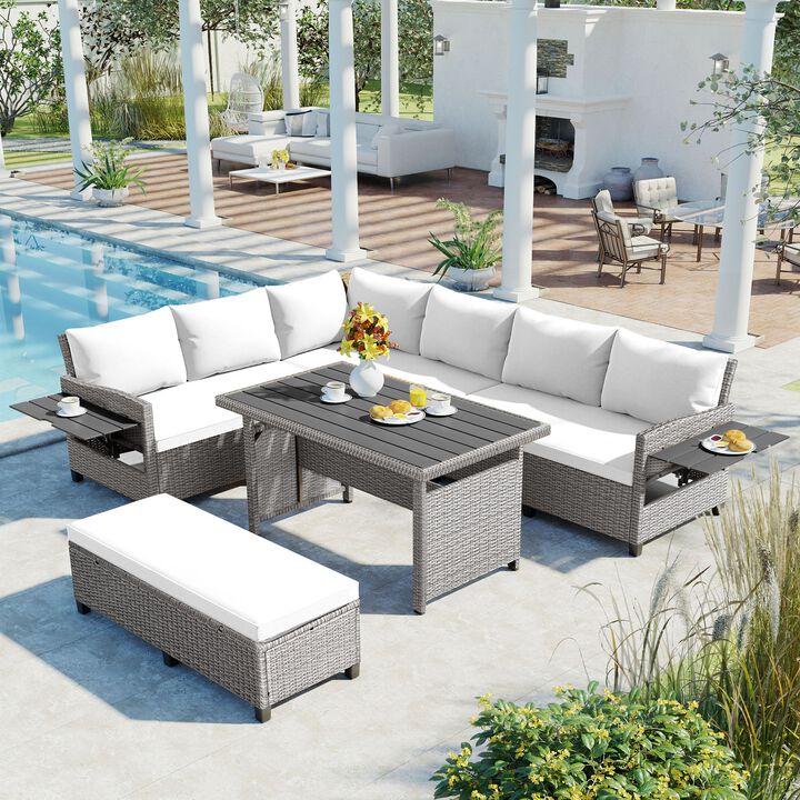 Mondawe Outdoor 5-Piece All-Weather PE Rattan Sofa Set,Garden Patio Sofa With Extendable Tables