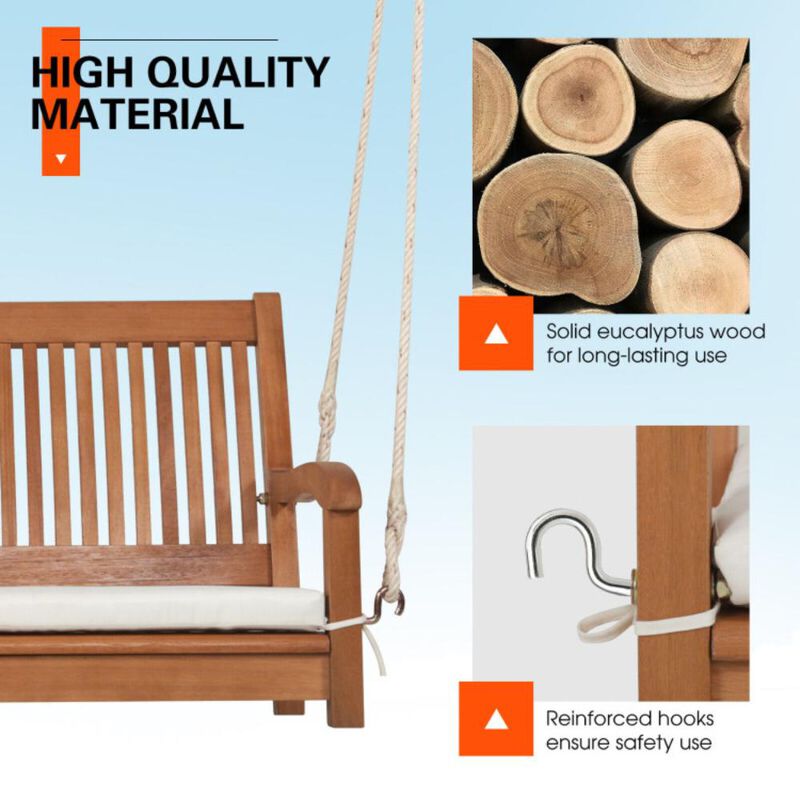 Hivvago 2-Person Hanging Porch Swing Wood Bench with Cushion Curved Back