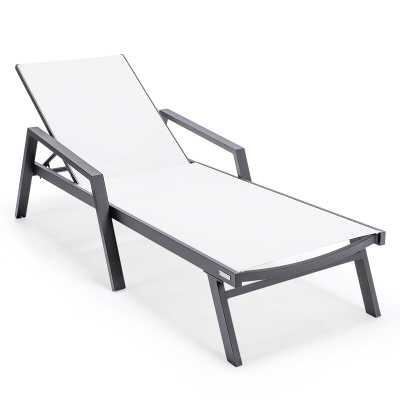LeisureMod Marlin Patio Chaise Lounge Chair with Armrests – Black Aluminum Frame & Navy Blue Mesh for Outdoor Comfort