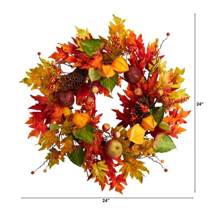Hivvago 24" Autumn Maple Leaf and Berries Fall Artificial Wreath