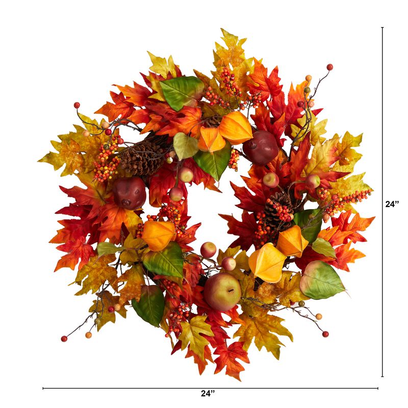 Hivvago 24" Autumn Maple Leaf and Berries Fall Artificial Wreath