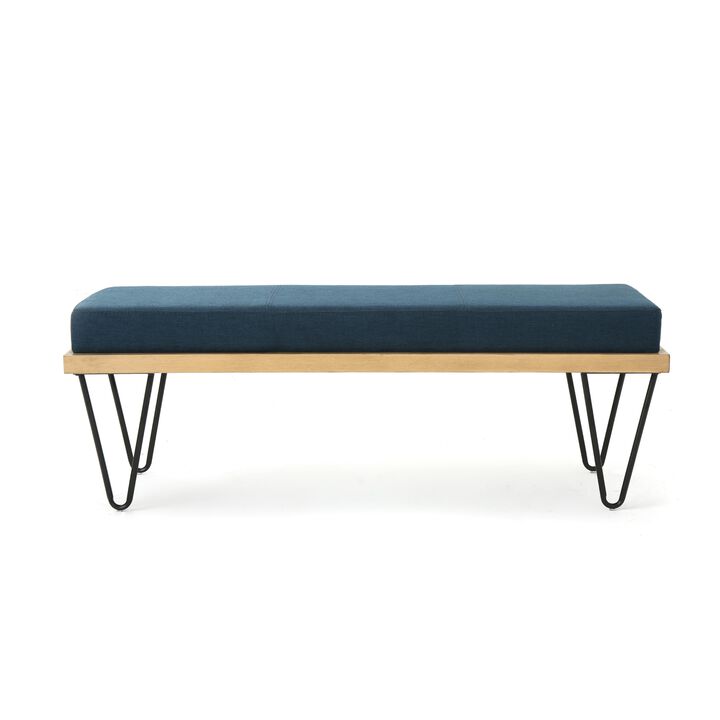 Sinu Accent Bench, Navy Blue, Brown Wood, Black Hairpin Legs, 47 Inch -Benzara