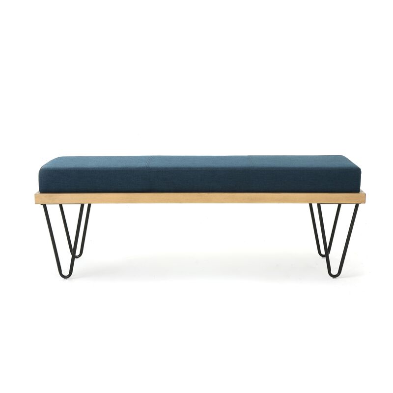 Sinu Accent Bench, Navy Blue, Brown Wood, Black Hairpin Legs, 47 Inch -Benzara