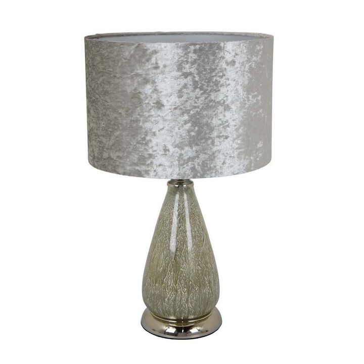 22 Inch Table Lamp, Drum Shade, Drop Style Glass Body, Silver Finish - Benzara