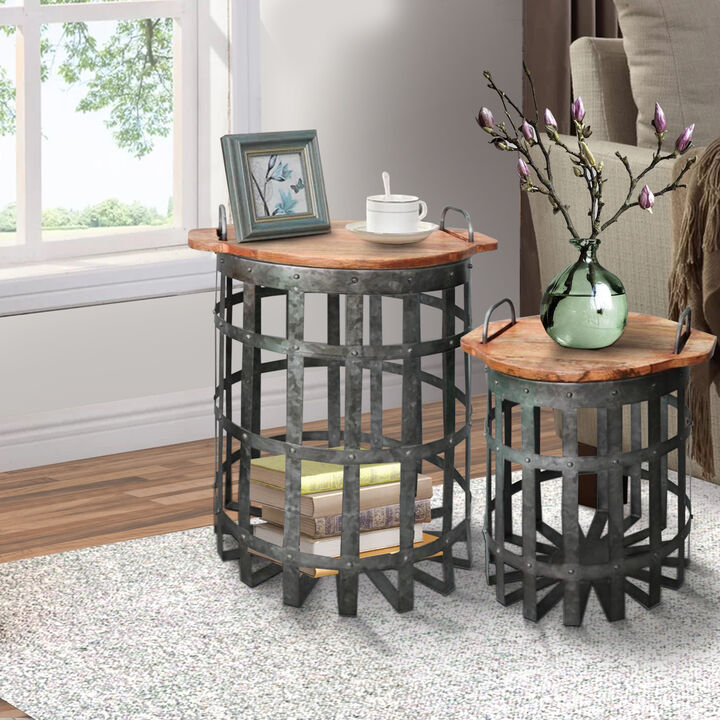 Industrial Grid Galvanized Accent End Table with Round Lid and Handles, Set of 2, Gray and Brown-Benzara