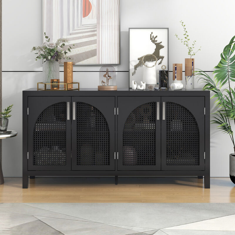Black Sideboard with Rattan Doors & Metal Handles