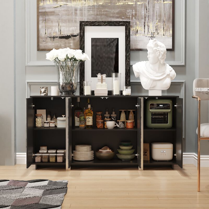 FUFU&GAGA Contemporary Black Sideboard with Marble-Pattern Glass Doors (63" W x 15.7" D x 31.5" H), P2 MDF Cabinet with Silver-Plated Legs