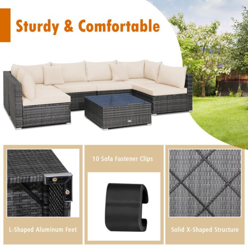 Hivvago 7 Pieces Patio Rattan Furniture Set with Sectional Sofa Cushioned