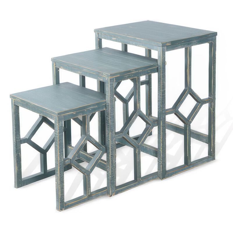 Rena 3 Piece Nesting Accent Table Set, Slatted, Rustic Green Mahogany - Benzara