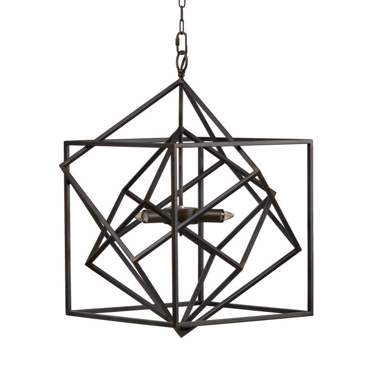 19 Inch 2 Light Chandelier, Geometric Pattern, Iron Frame, Retro, Black-Benzara