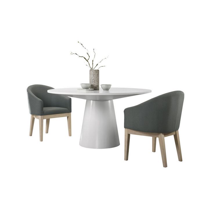 Yuvi 3 Piece Dining Table and Chair Set, Round, Barrel Seat, White, Gray - Benzara