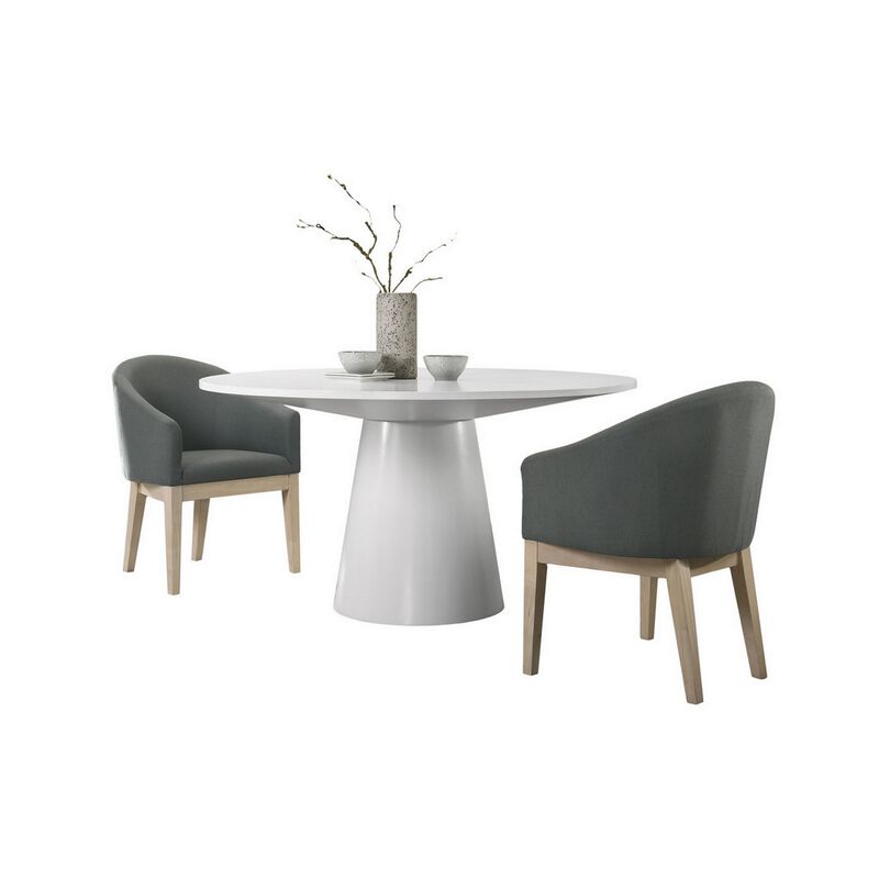 Yuvi 3 Piece Dining Table and Chair Set, Round, Barrel Seat, White, Gray - Benzara