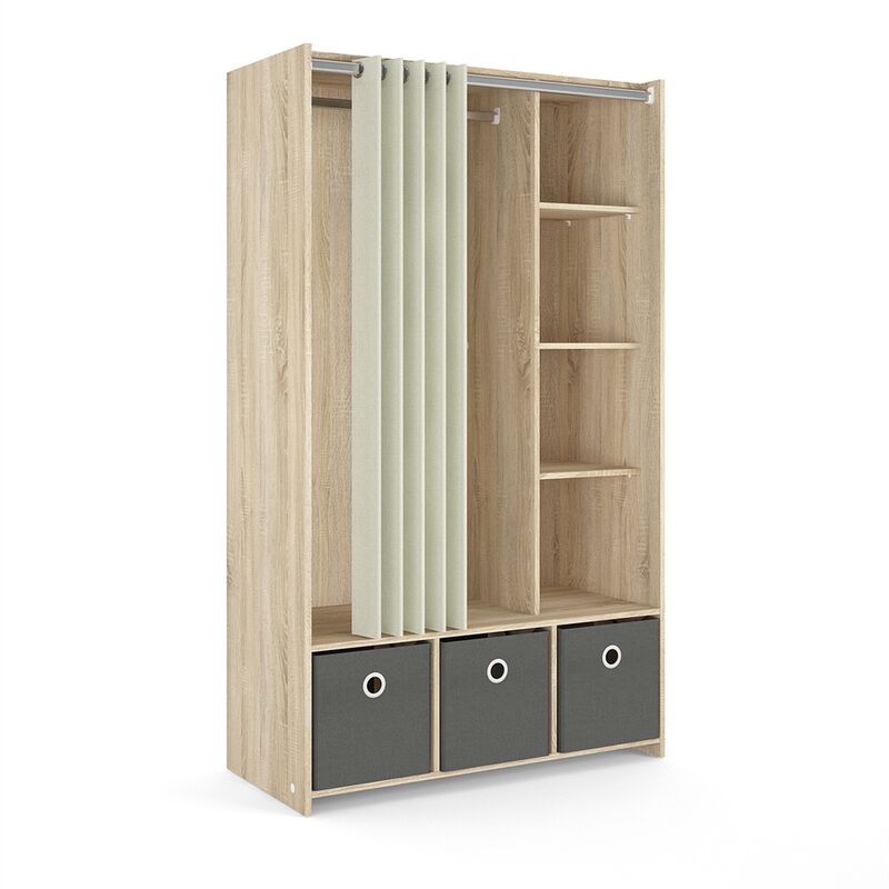 Tvilum Lola 3 Bin Wardrobe with Curtain, Oak Structure/Natural Fabric/Grey Textile