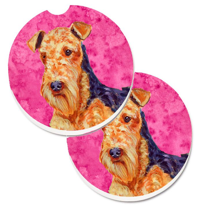 Caroline's Treasures Pink Airedale Set of 2 Cup Holder Car Coasters LH9381PKCARC, 2.56, Multicolor