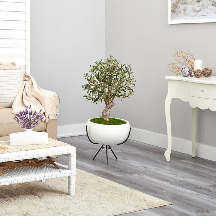 Hivvago 3 Feet Olive Artificial Tree in White Planter with Metal Stand